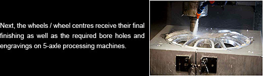 Next, the wheels / wheel centres receive their final finishing as well as the required bore holes and engravings on 5-axle processing machines